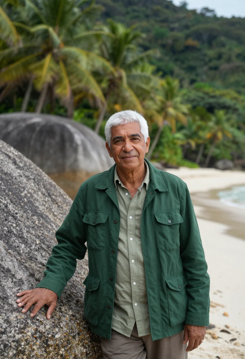 AI santa marta tayrona ecologist jungle green sample — portrait of a man, an ecologist in his early sixties with wa