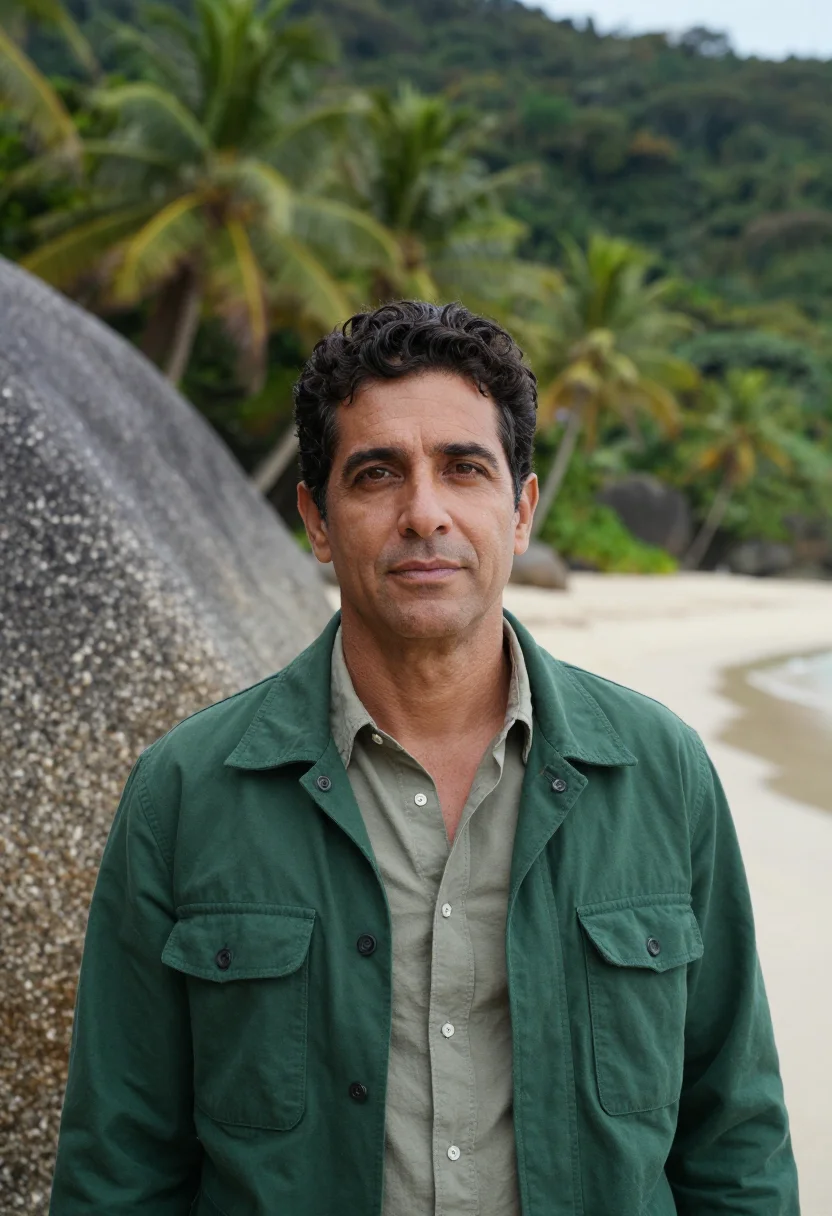 AI santa marta tayrona ecologist jungle green sample — portrait of a man, an ecologist in his late forties with war