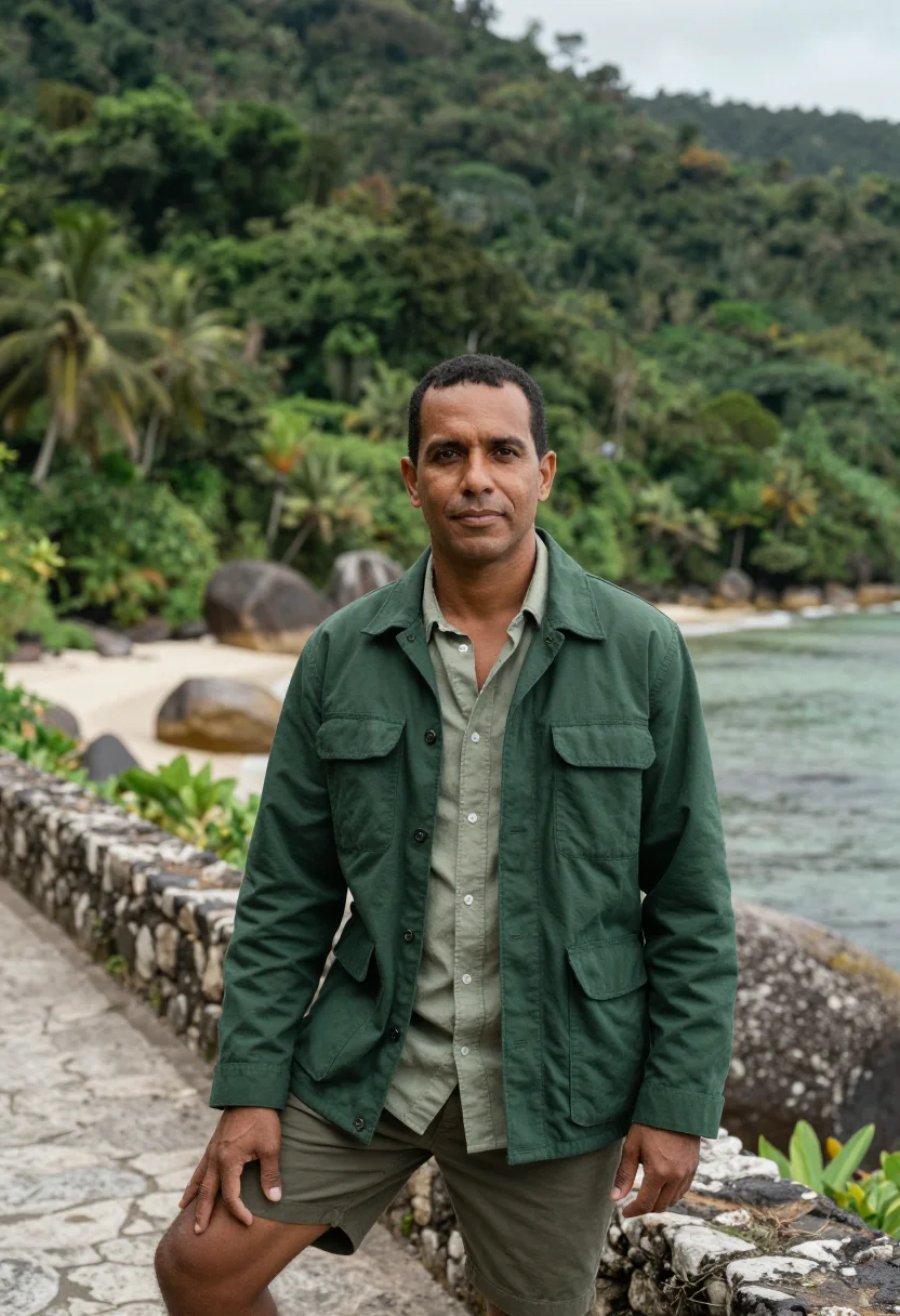 AI santa marta tayrona ecologist jungle green sample — portrait of a man, an ecologist in his mid-forties with deep