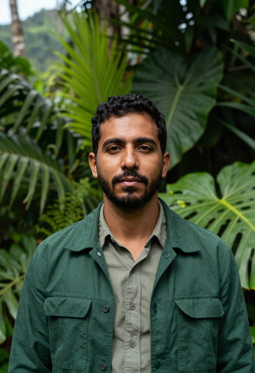 AI santa marta tayrona ecologist jungle green sample — portrait of a man, an ecologist in his early forties with wa