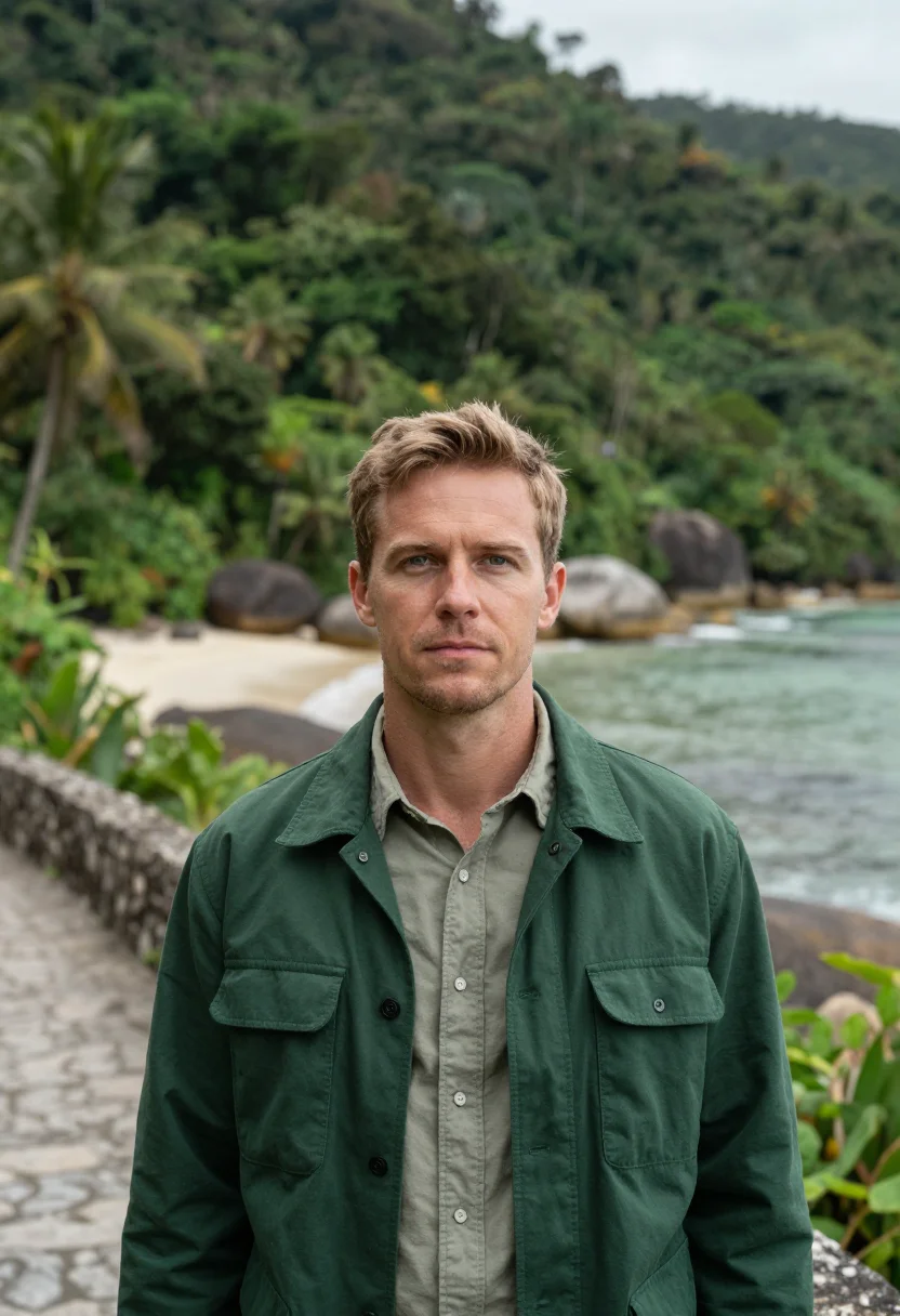 AI santa marta tayrona ecologist jungle green sample — portrait of a man, an ecologist in his mid-thirties with fai