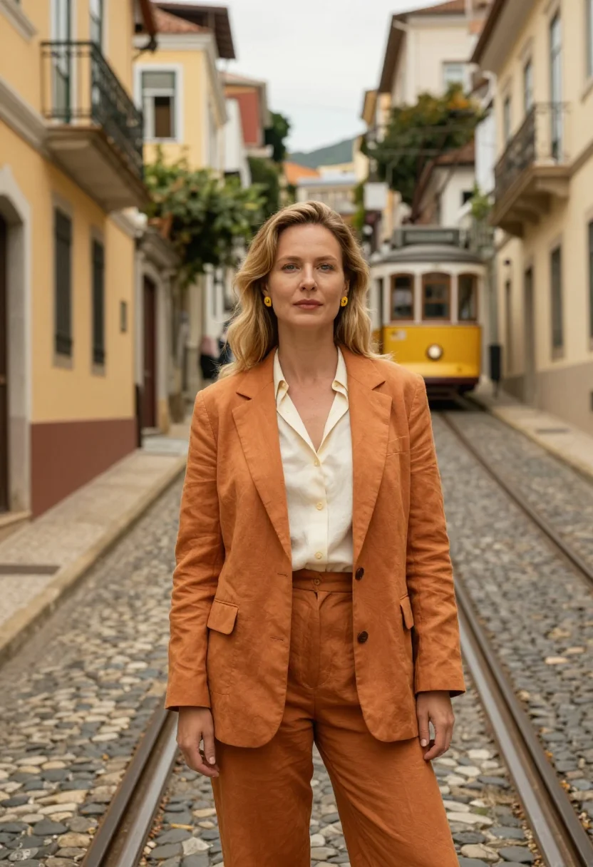 AI santa teresa gallerist yellow tram ochre sample — portrait of a woman, a gallerist in her late thirties of Dut