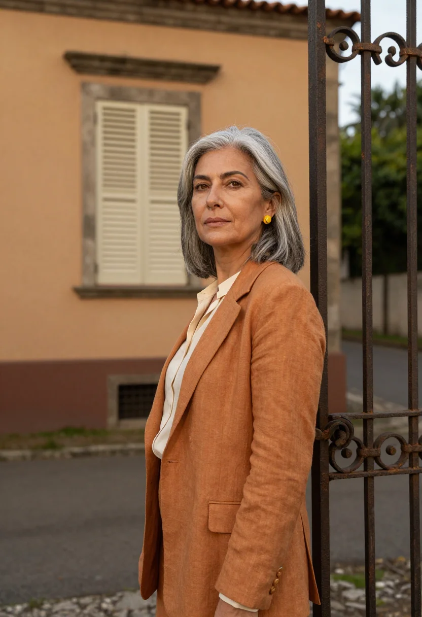 AI santa teresa gallerist yellow tram ochre sample — portrait of a woman, a gallerist in her mid-fifties of Itali