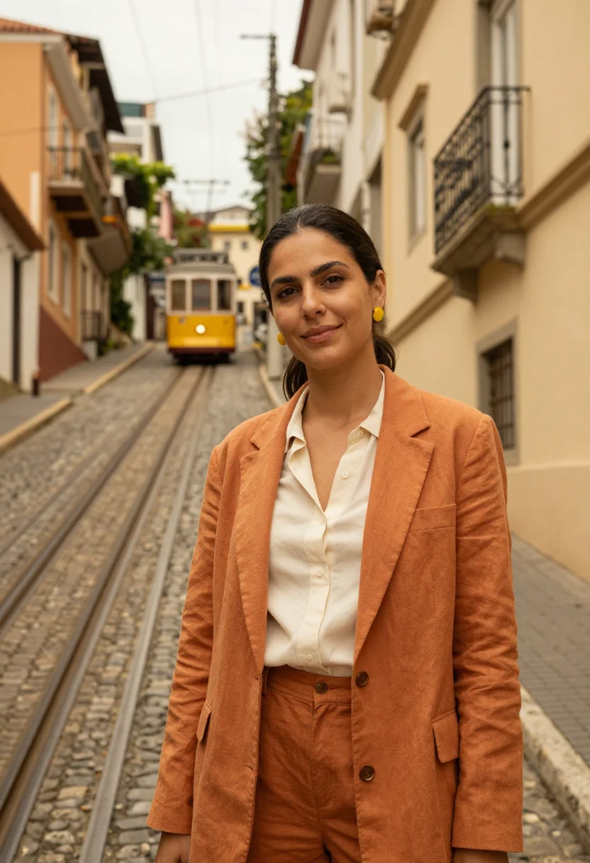 AI santa teresa gallerist yellow tram ochre sample — portrait of a woman, a gallerist in her early forties of Bra