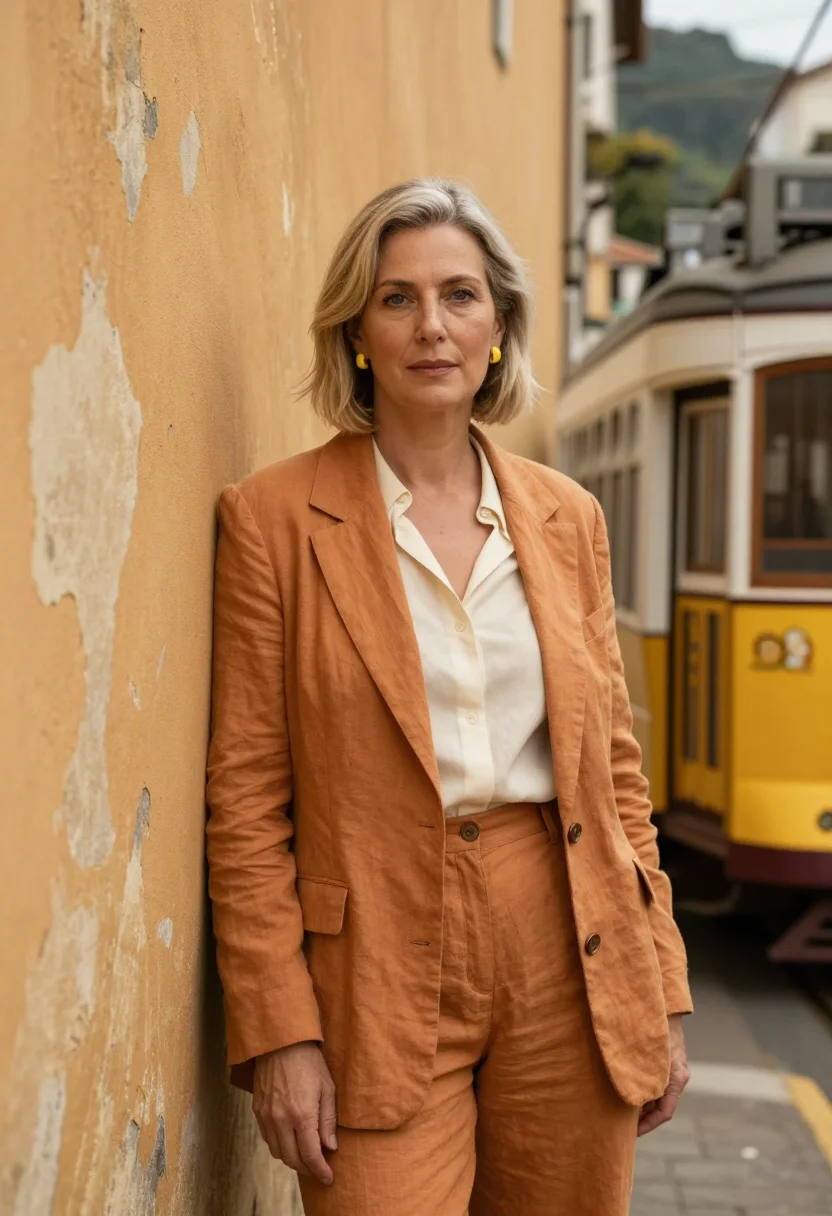 AI santa teresa gallerist yellow tram ochre sample — portrait of a woman, a gallerist in her late forties of Fren