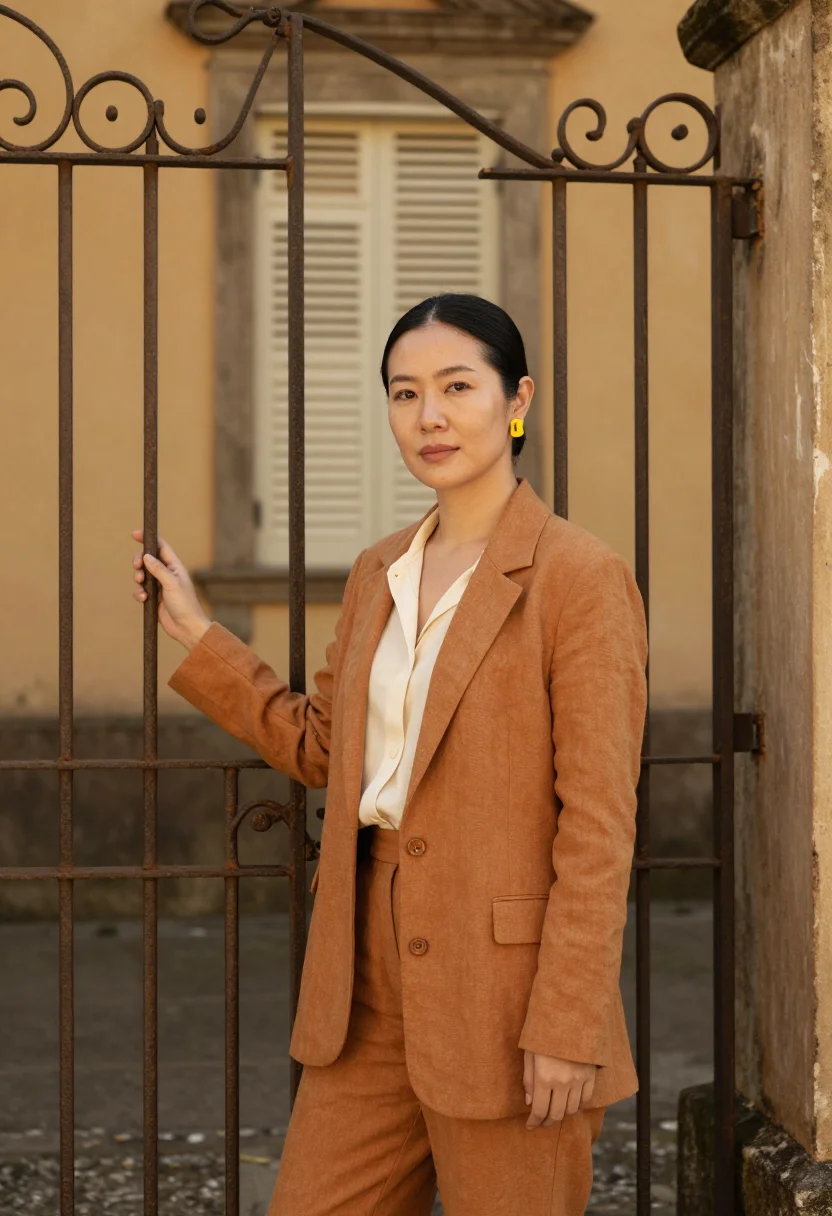 AI santa teresa gallerist yellow tram ochre sample — portrait of a woman, a gallerist in her late thirties of Jap