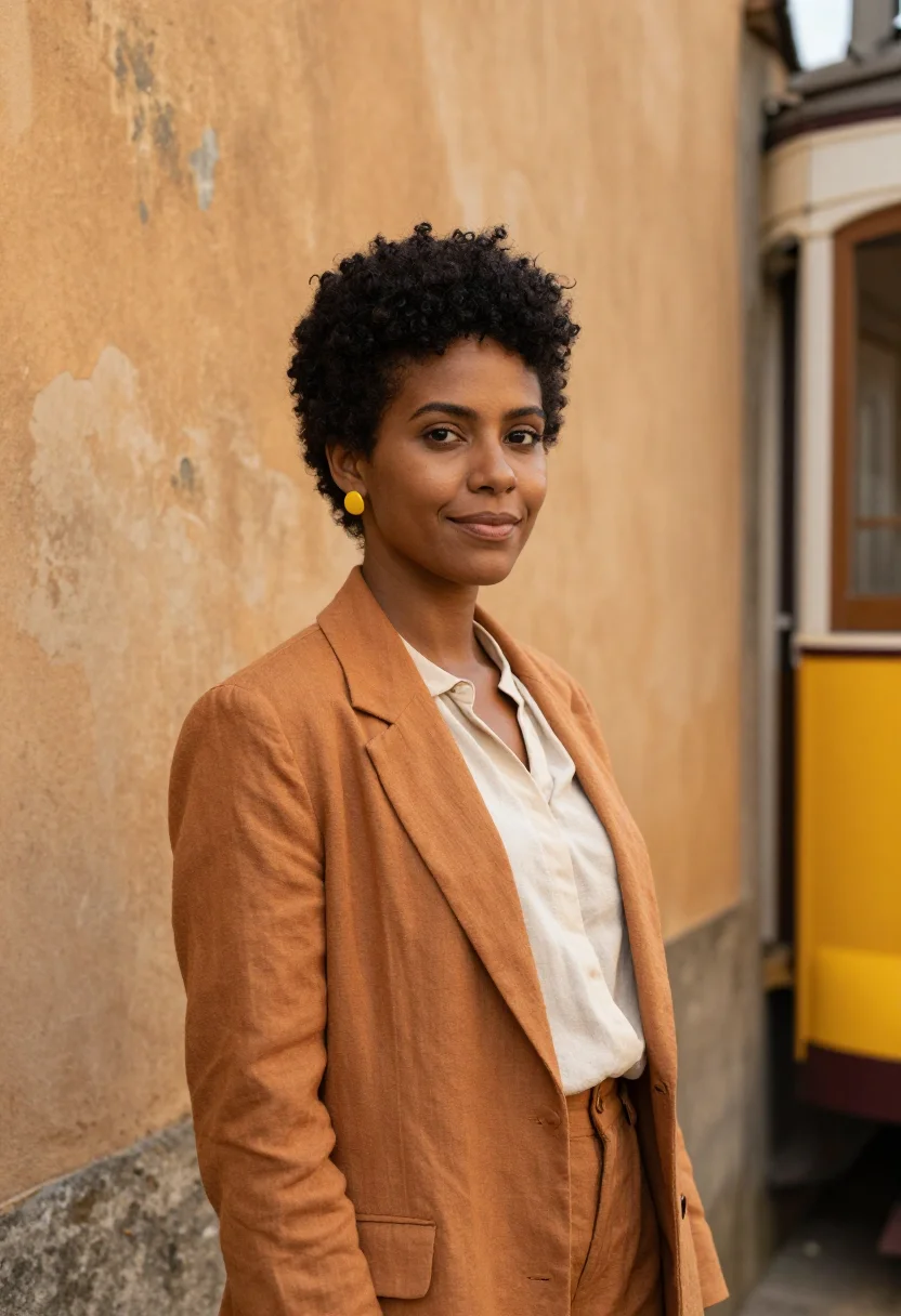 AI santa teresa gallerist yellow tram ochre sample — portrait of a woman, a gallerist in her mid-thirties of Afro