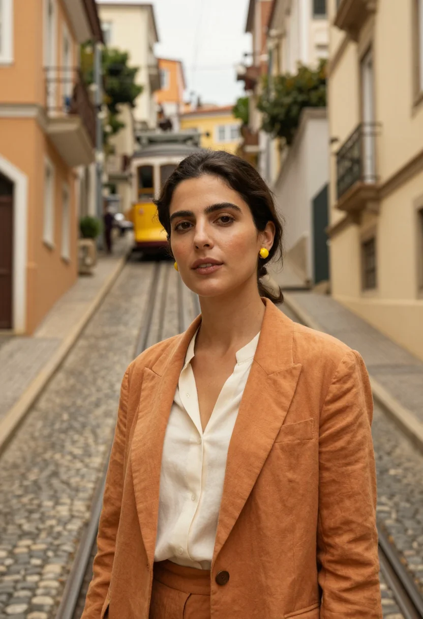 AI santa teresa gallerist yellow tram ochre sample — portrait of a woman, a gallerist in her mid-thirties of Span