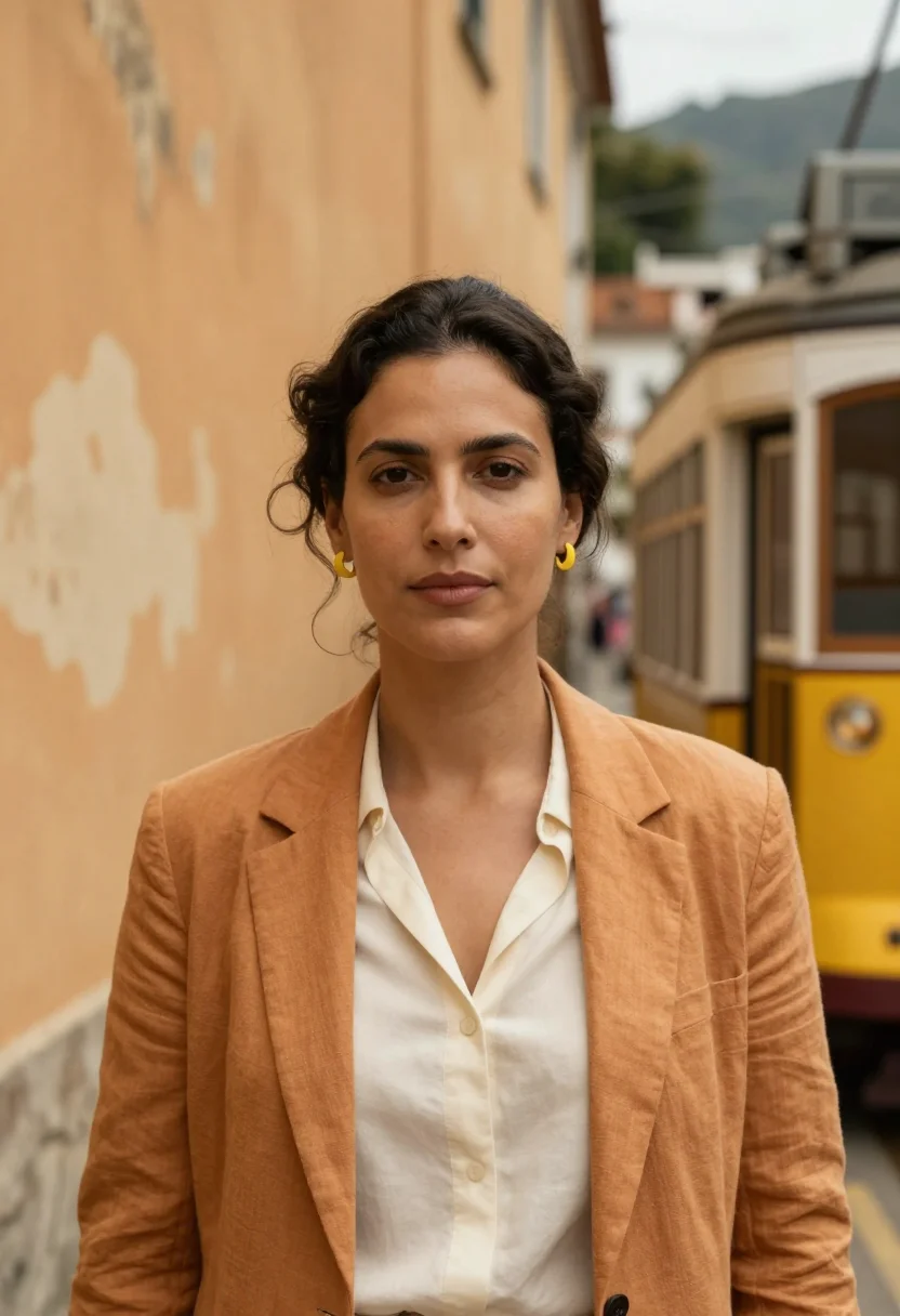 AI santa teresa gallerist yellow tram ochre sample — portrait of a woman, a gallerist in her early forties of Bra