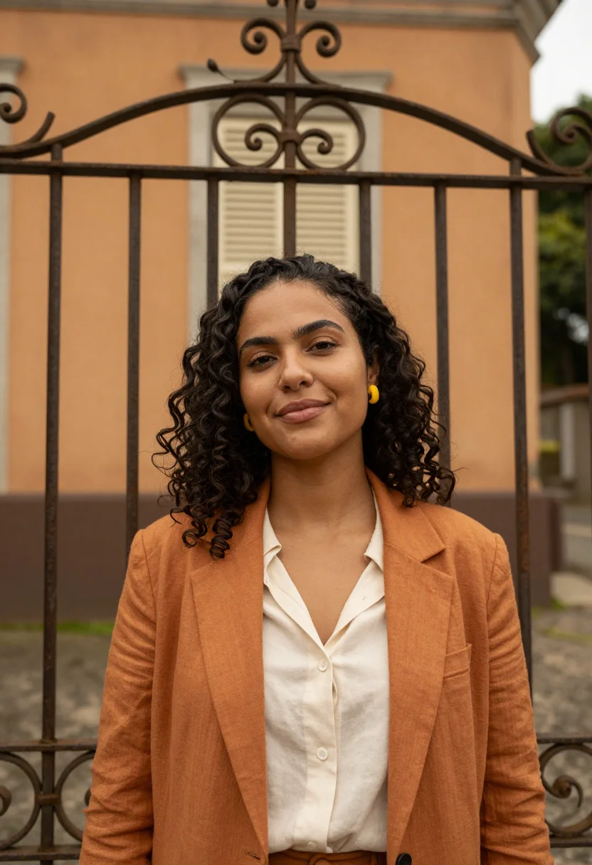 AI santa teresa gallerist yellow tram ochre sample — portrait of a woman, a gallerist in her early thirties of mi