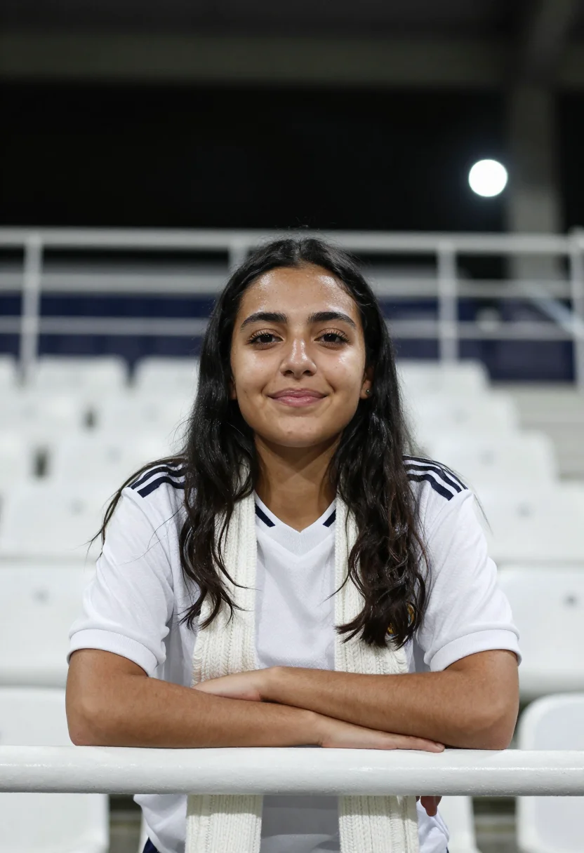 AI santiago bernabeu madrid white night sample — portrait of a woman, a Real Madrid supporter in her early tw