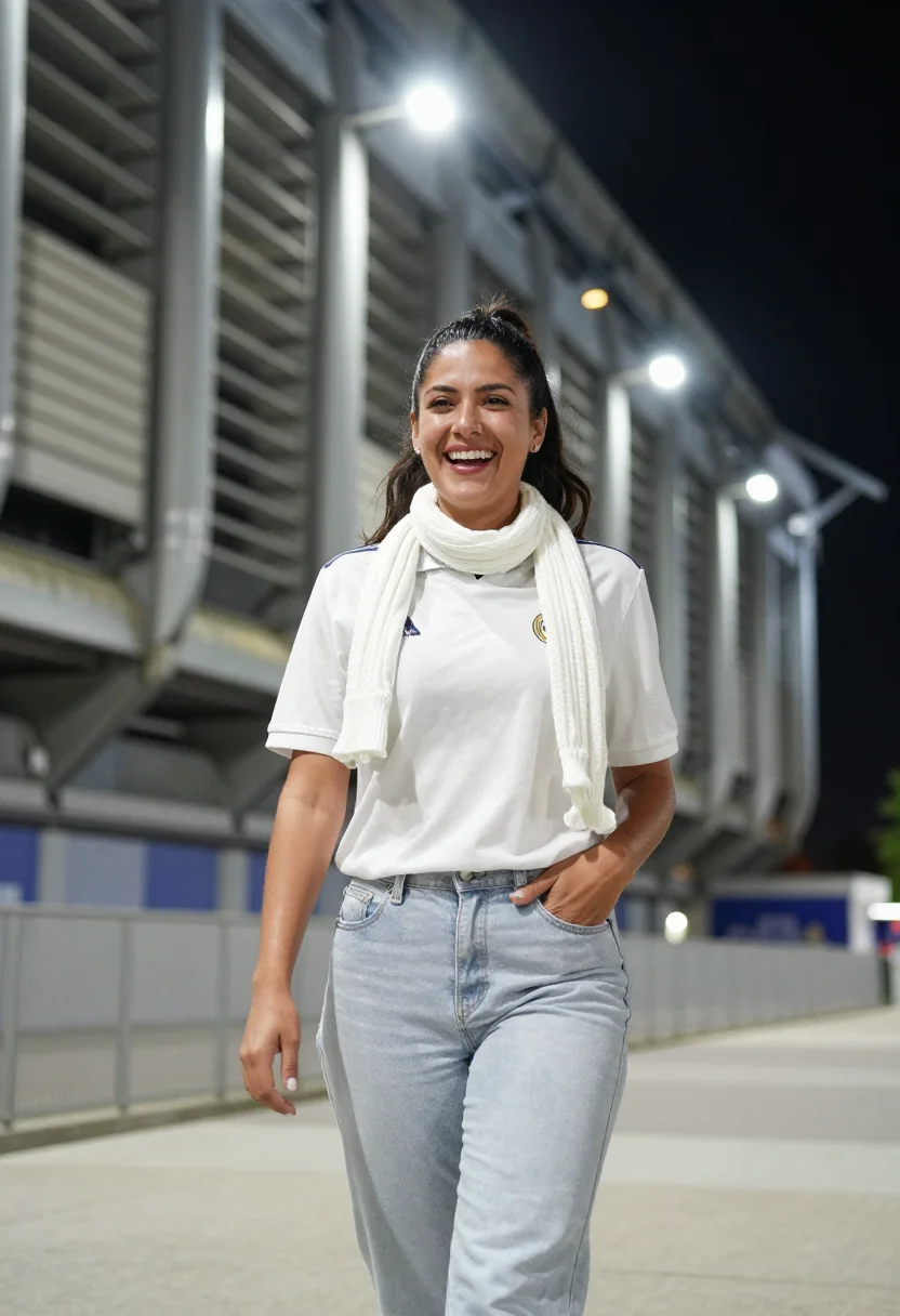 AI santiago bernabeu madrid white night sample — portrait of a woman, a Real Madrid supporter in her thirties