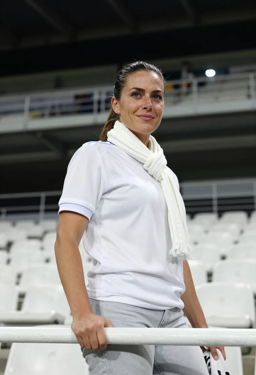 AI santiago bernabeu madrid white night sample — portrait of a woman, a Real Madrid supporter in her thirties