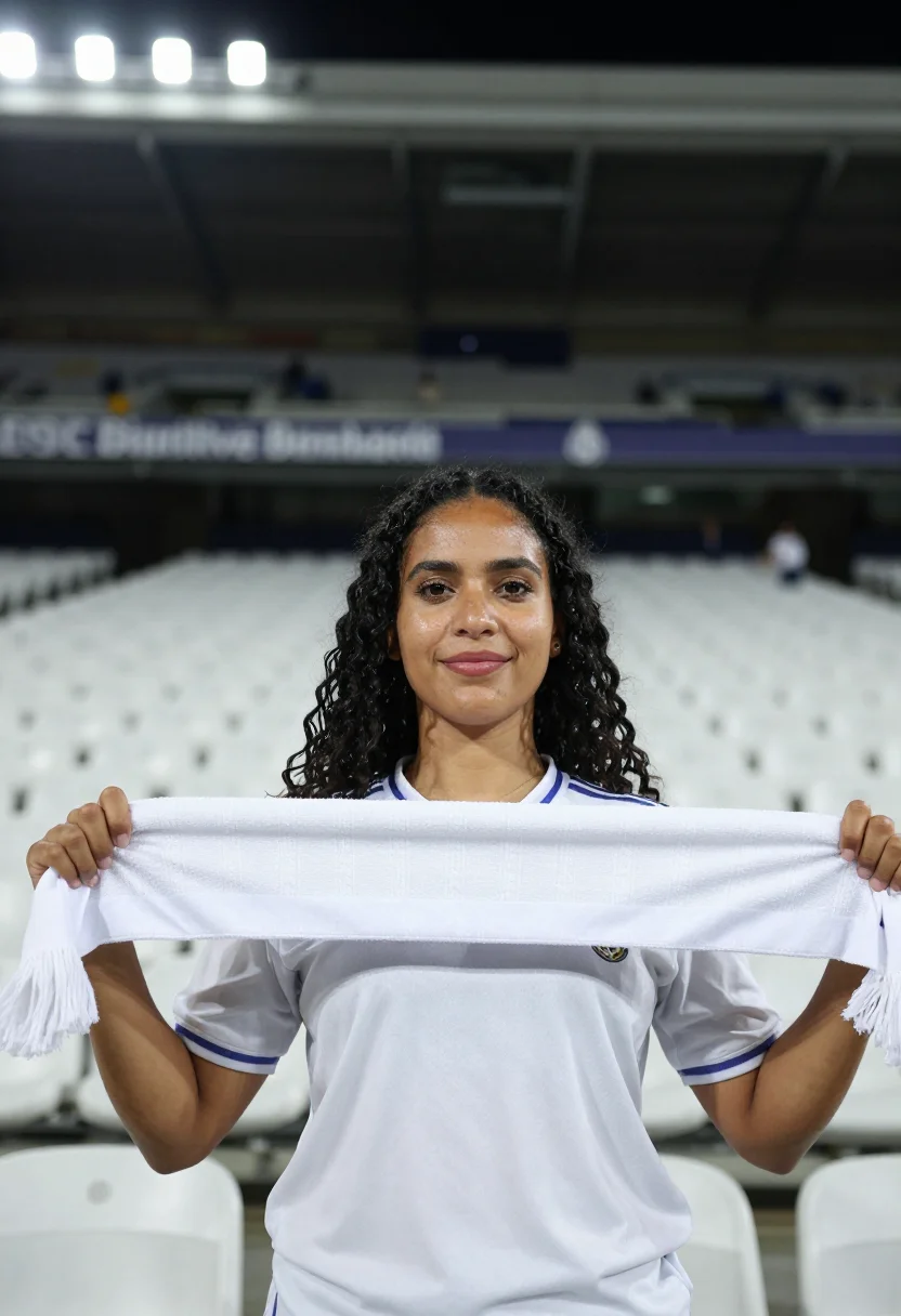 AI santiago bernabeu madrid white night sample — portrait of a woman, a Real Madrid supporter in her early th