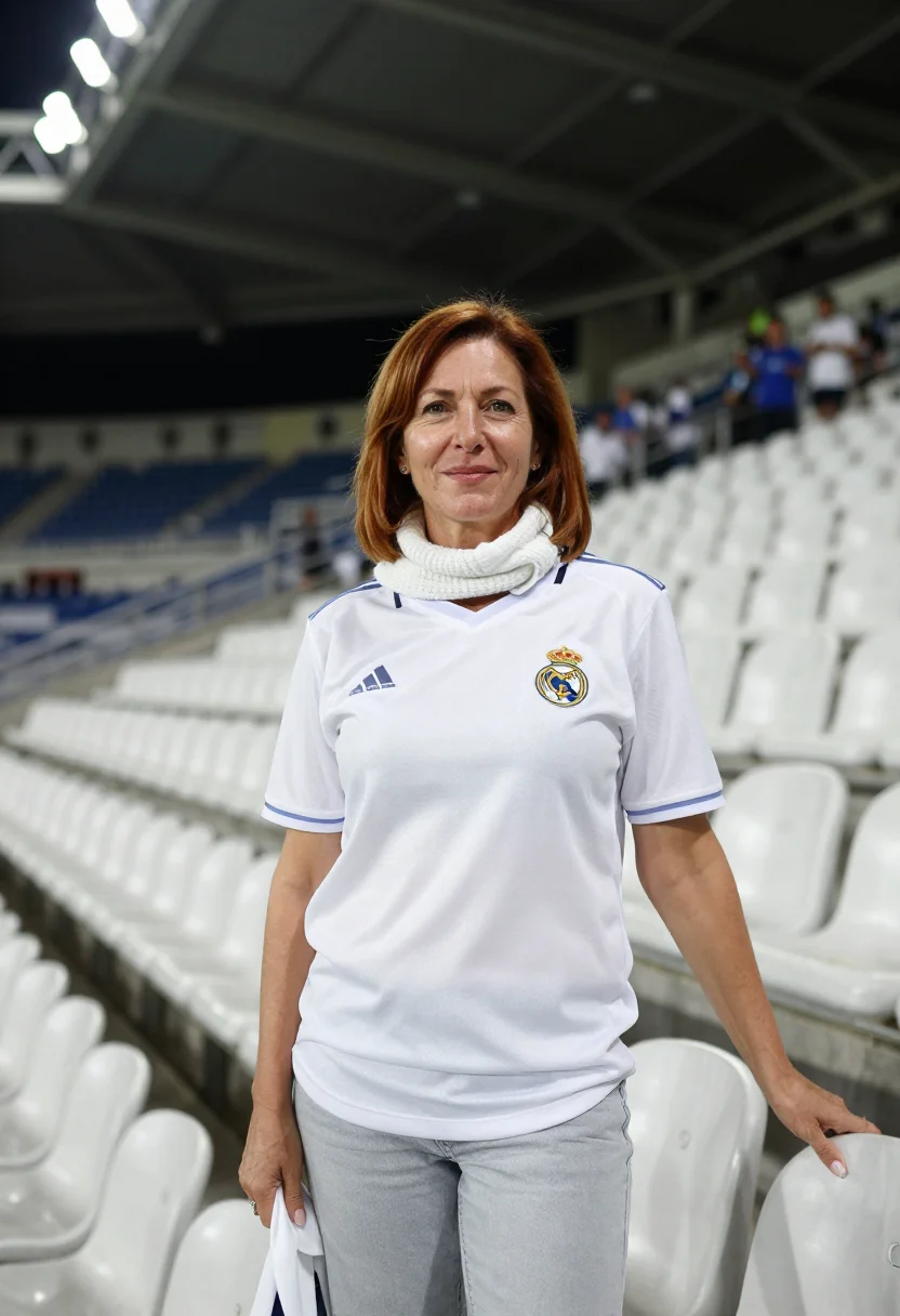 AI santiago bernabeu madrid white night sample — portrait of a woman, a Real Madrid supporter in her forties