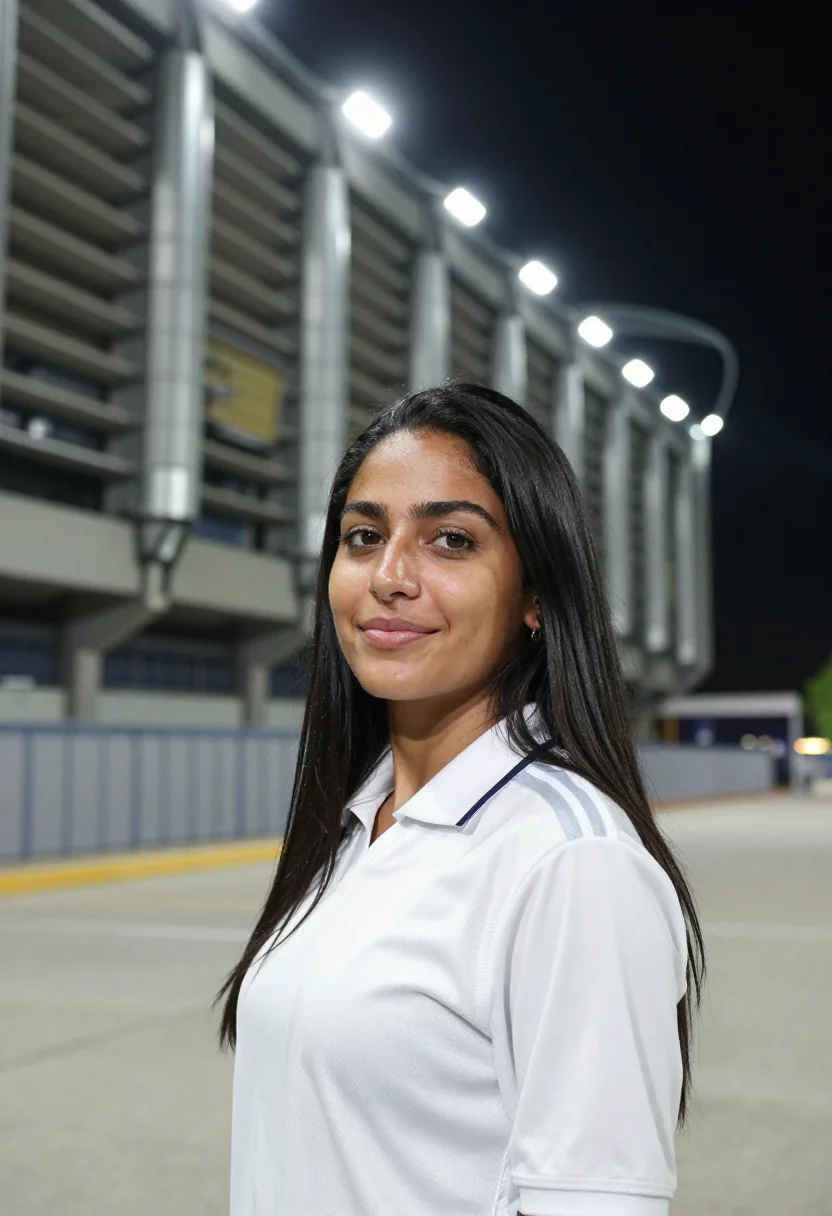 AI santiago bernabeu madrid white night sample — portrait of a woman, a Real Madrid supporter in her late twe