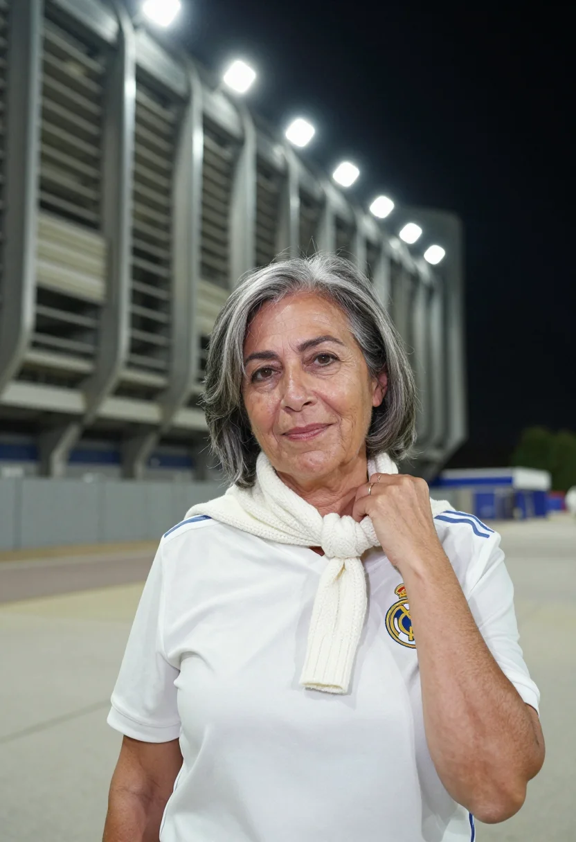 AI santiago bernabeu madrid white night sample — portrait of a woman, a Real Madrid supporter in her fifties