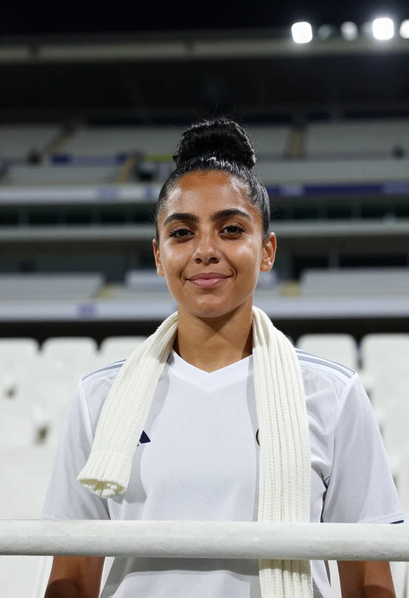 AI santiago bernabeu madrid white night sample — portrait of a woman, a Real Madrid supporter in her late twe