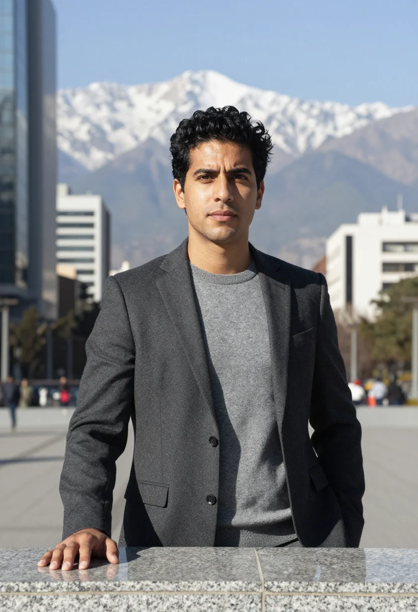 AI santiago chile banker andes glass grey sample — portrait of a man, a banker in his late thirties with honey-