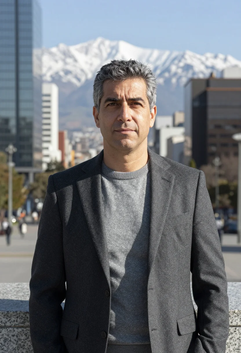 AI santiago chile banker andes glass grey sample — portrait of a man, a banker in his early fifties with warm b
