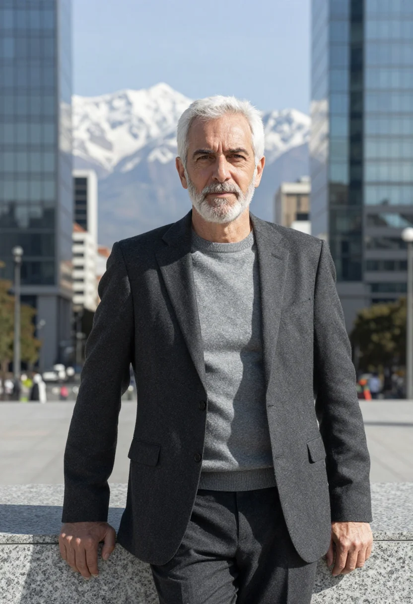AI santiago chile banker andes glass grey sample — portrait of a man, a banker in his mid-sixties with fair ski
