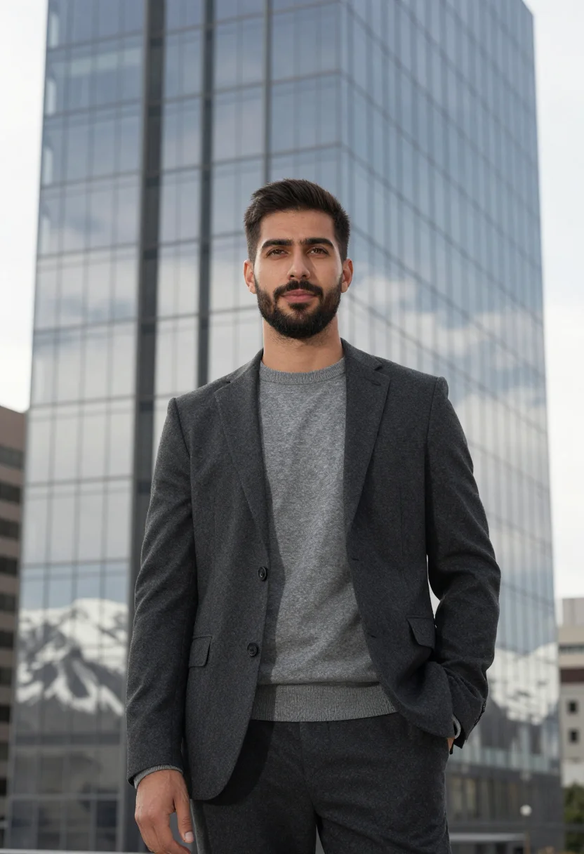 AI santiago chile banker andes glass grey sample — portrait of a man, a banker in his mid-thirties with warm ta