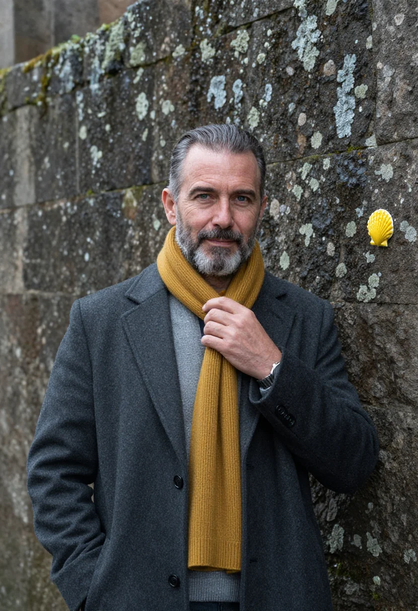 AI santiago professor granite scallop yellow sample — portrait of a man, of Galician descent, in his early fifties
