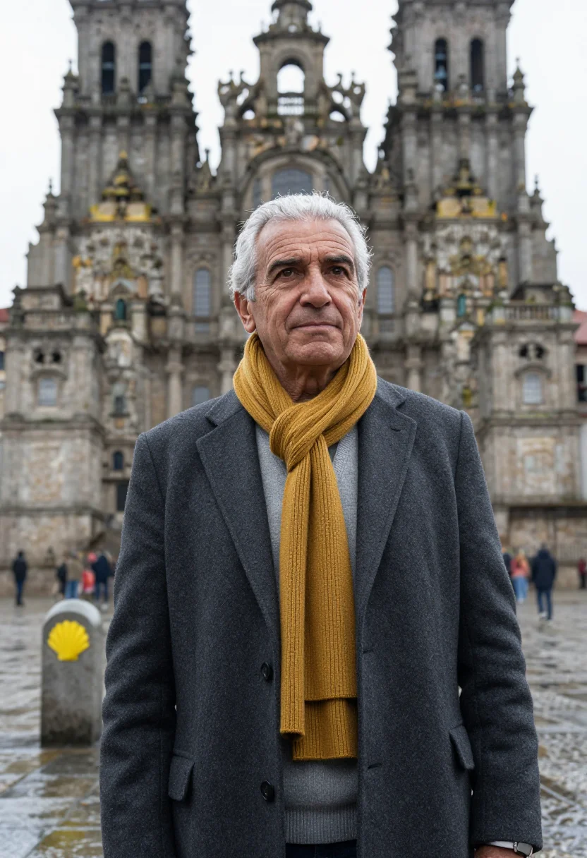 AI santiago professor granite scallop yellow sample — portrait of a man, of Portuguese descent, in his early sixti