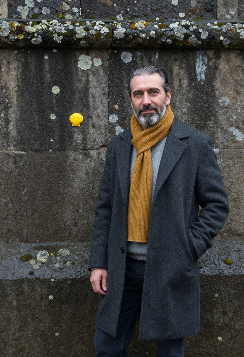 AI santiago professor granite scallop yellow sample — portrait of a man, of Galician descent, in his early fifties