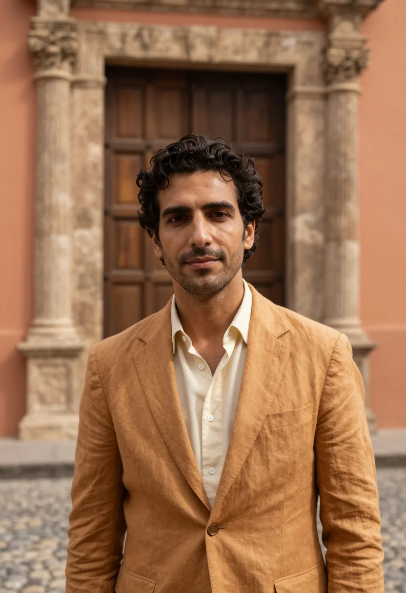 AI santo domingo historian coral stone ochre sample — portrait of a man, an Italian historian in his mid-thirties