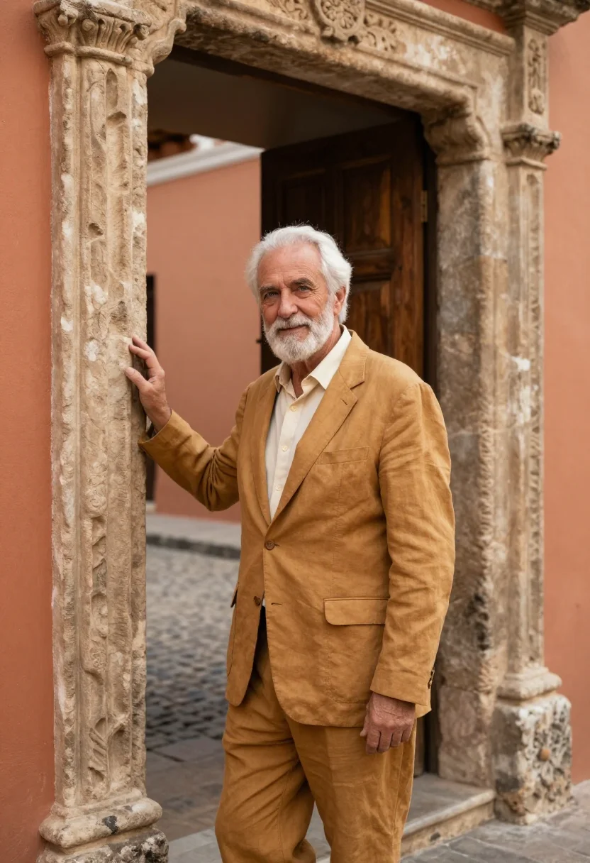 AI santo domingo historian coral stone ochre sample — portrait of a man, a French historian in his early sixties w