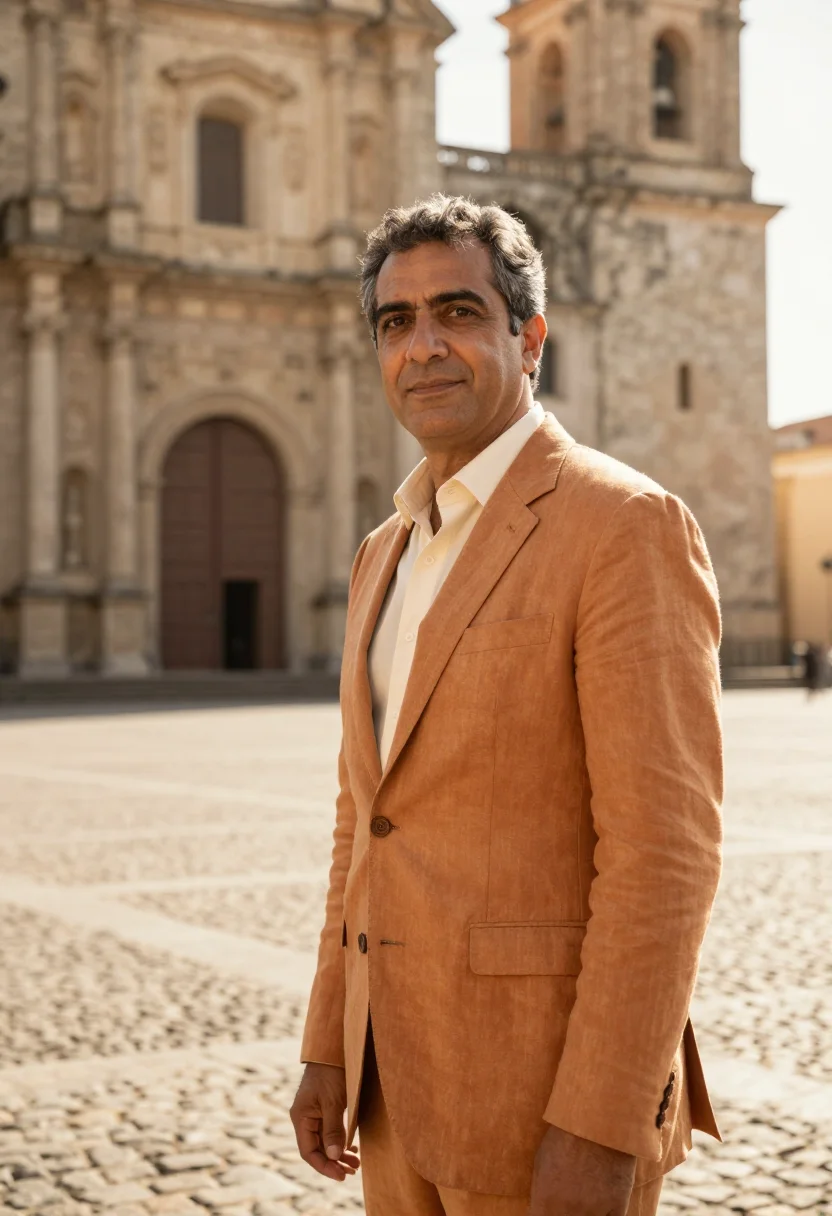 AI santo domingo historian coral stone ochre sample — portrait of a man, a Spanish historian in his late forties w