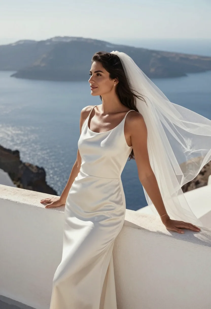 AI santorini bride sample — portrait of a woman, three-quarter-length portrait of a Medi
