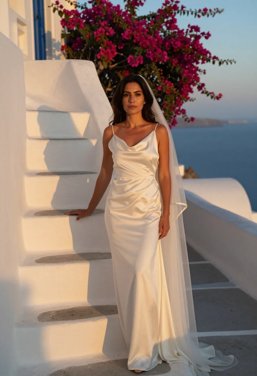 AI santorini bride sample — portrait of a woman, three-quarter-length portrait of a Medi