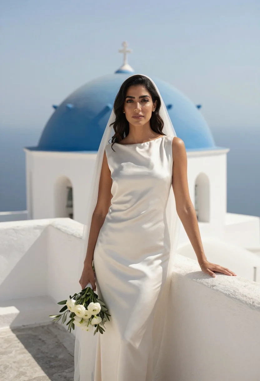 AI santorini bride sample — portrait of a woman, three-quarter-length portrait of a Medi