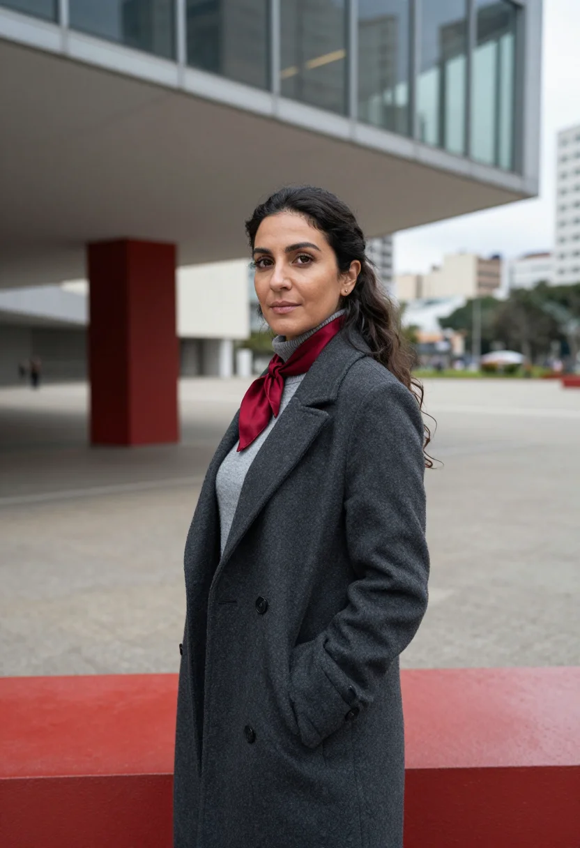 AI sao paulo art museum curator red beam sample — portrait of a woman, a curator in her mid-forties of Lebanes