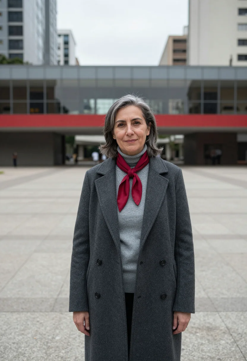 AI sao paulo art museum curator red beam sample — portrait of a woman, a curator in her fifties of Spanish anc