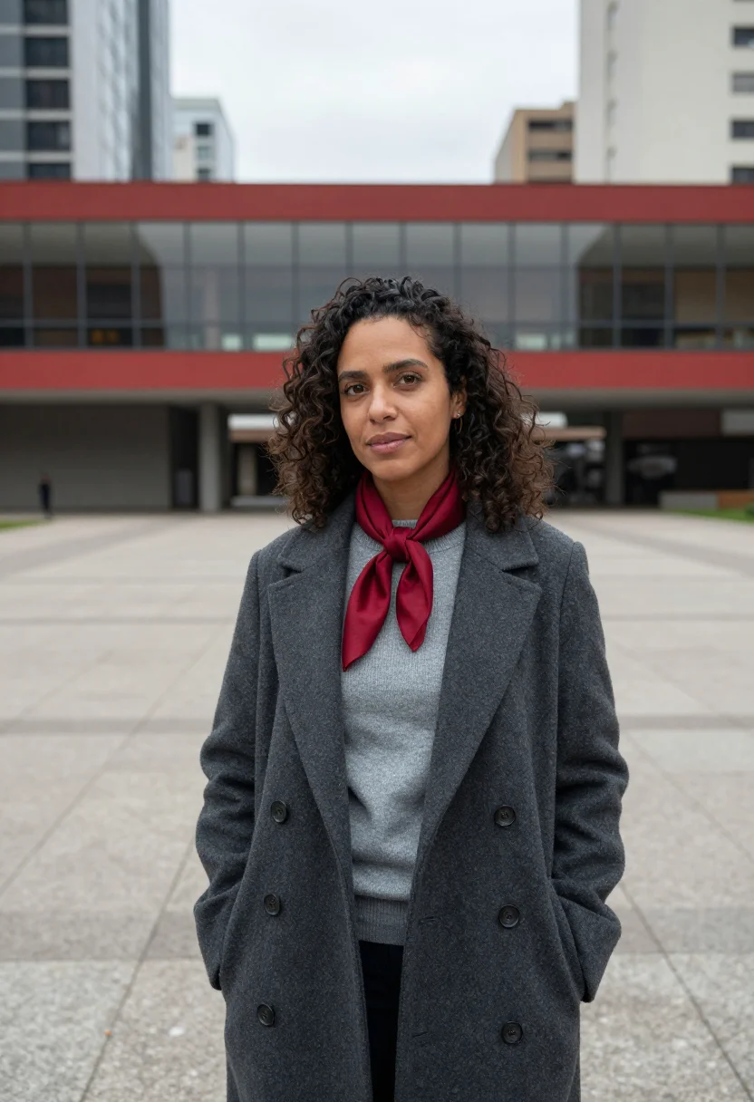 AI sao paulo art museum curator red beam sample — portrait of a woman, a curator in her late thirties of mixed