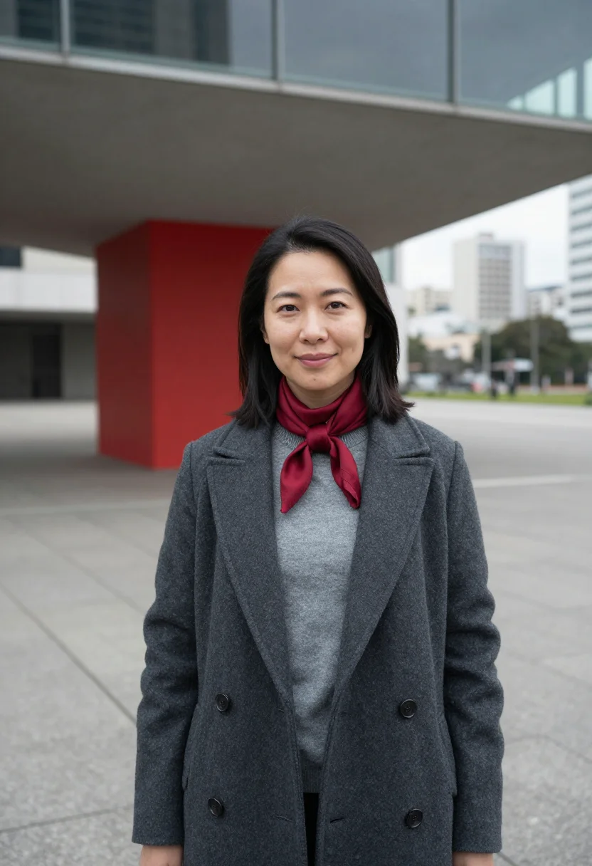 AI sao paulo art museum curator red beam sample — portrait of a woman, a curator in her mid-thirties of Japane