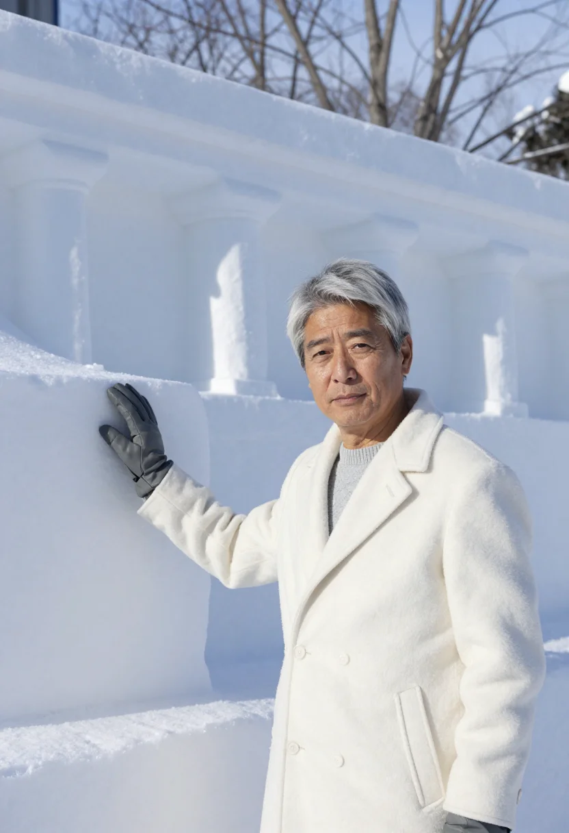 AI sapporo snow engineer ice white sample — portrait of a man, a Japanese civil engineer in his late fif