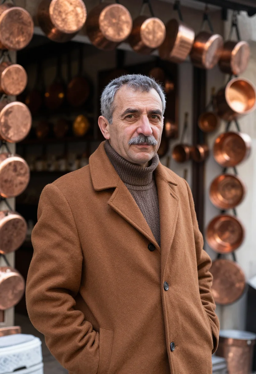 AI sarajevo bascarsija january copper sample — portrait of a man, framed chest-up, a man in his fifties wit