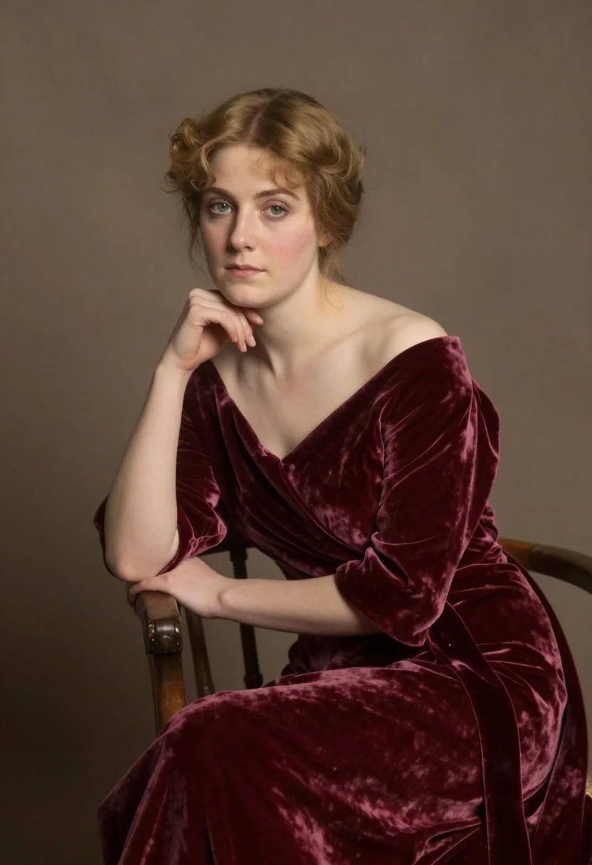 Fine art portrait photo, Sargent register, Mrs. Hammersley, wine-red velvet, leaning forward