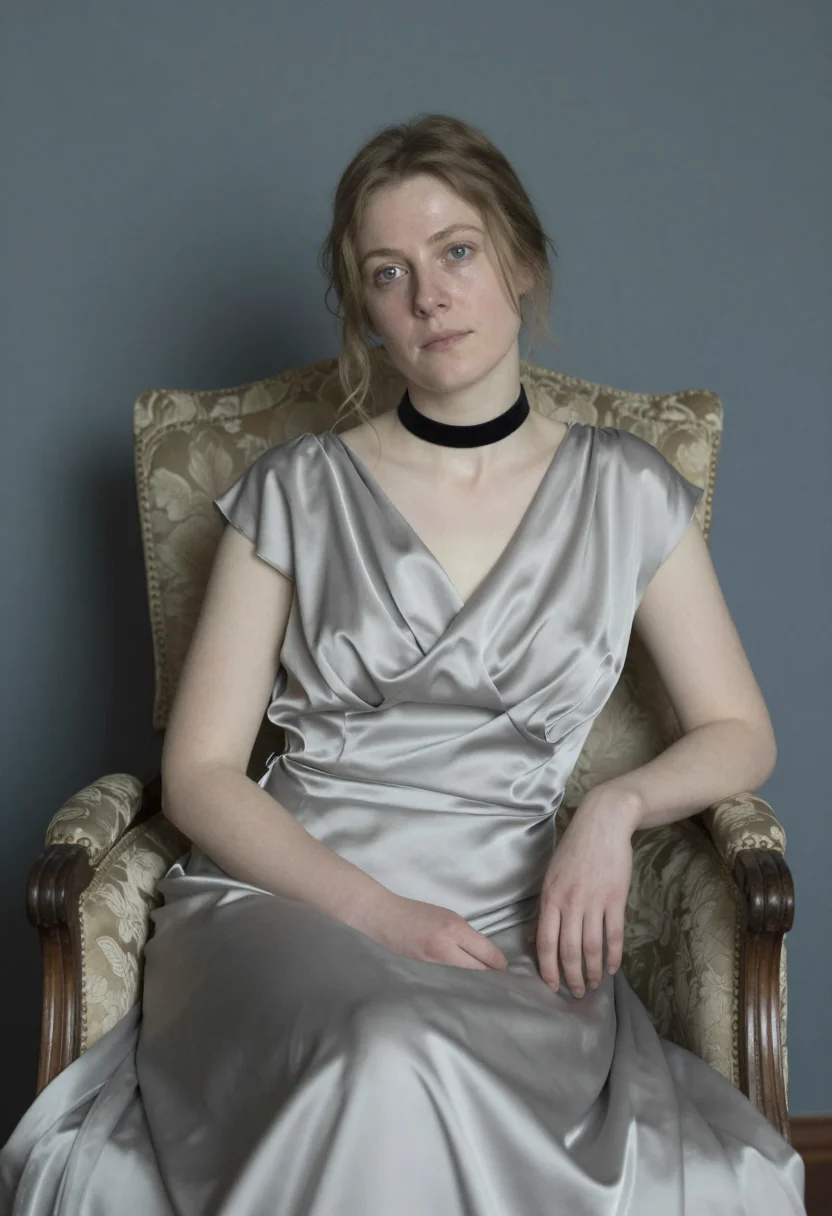 Fine art portrait photo, Sargent register, Lady Agnew, dove-grey silk gown, even diffuse daylight