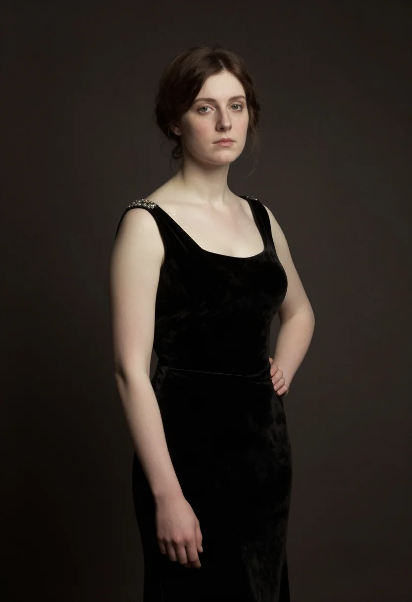 Fine art portrait photo, Sargent Madame X register, midnight velvet gown, ivory-against-umber