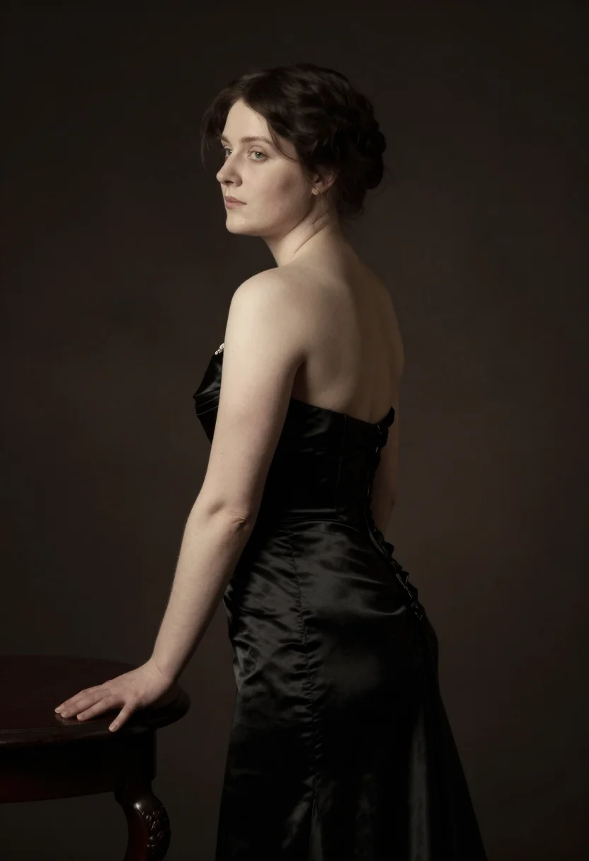 Fine art portrait photo, Sargent Madame X register, black satin gown, profile turn, chiaroscuro