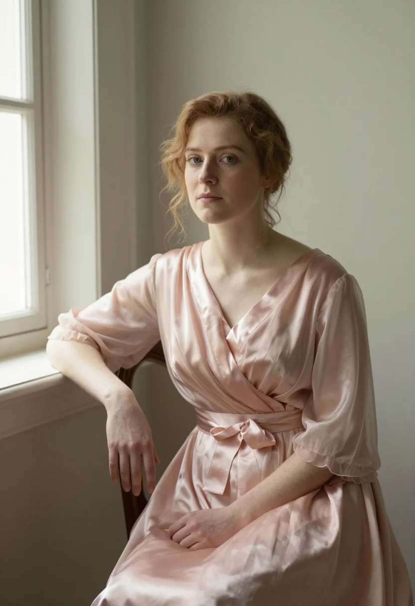 Fine art portrait photo, Sargent register, Lady Agnew, rose-pink silk dress, luminous window key