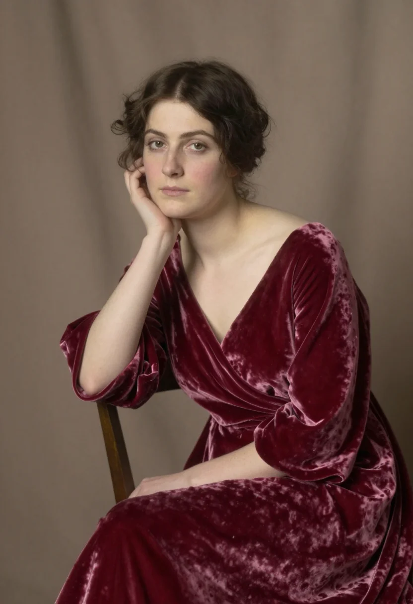 Fine art portrait photo, Sargent register, Mrs. Hammersley, cerise silk velvet, hand to cheek