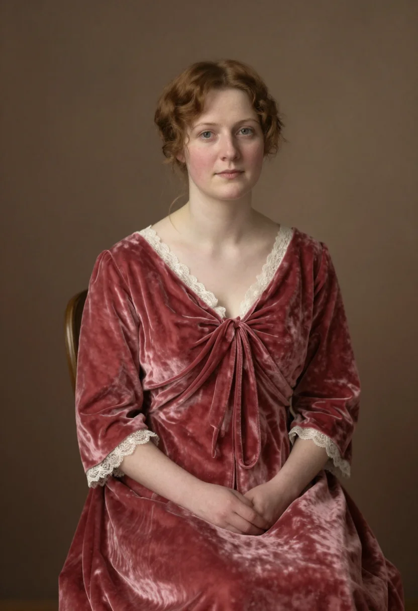 Fine art portrait photo, Sargent register, Mrs. Hammersley, raspberry velvet, composed gaze
