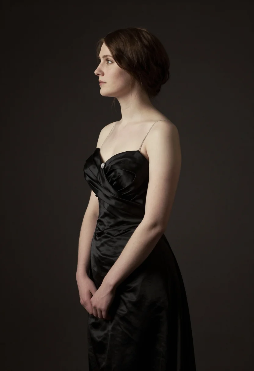 Fine art portrait photo, Sargent Madame X register, black crepe gown, diamond strap, raking light