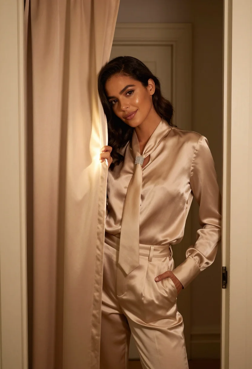 AI satin champagne sample — portrait of a woman, a close chest-up frame, a woman in her
